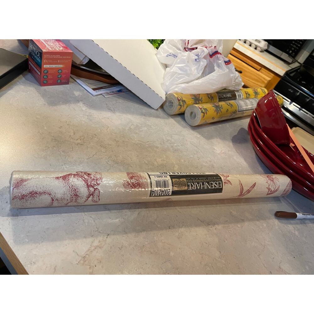 Vintage Bunny Toile Cream W Red Rabbits & Botanicals Prepasted  Double Roll USA